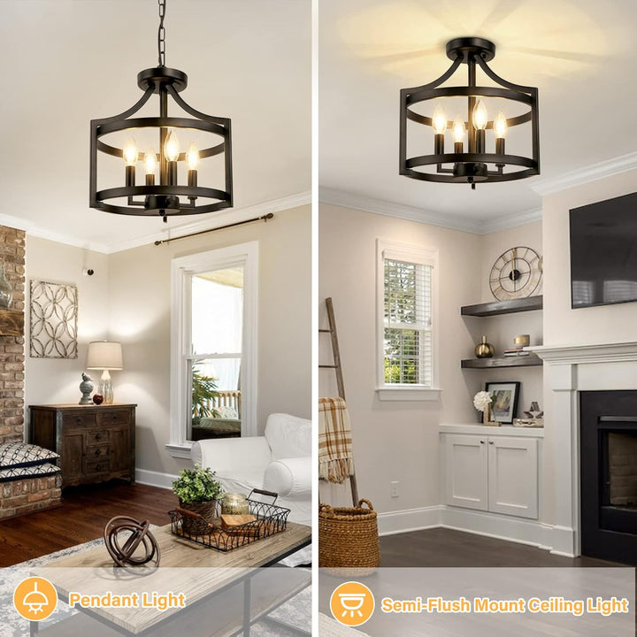 WBinDX 4 - Light Semi Flush Mount Ceiling Light Farmhouse Small Black Chandelier, Convertible Rustic Industrial Cage Pendant Lighting for Kitchen Island Dining Room Bedroom Foyer Hallway Entryway - Just Closeouts Canada Inc.
