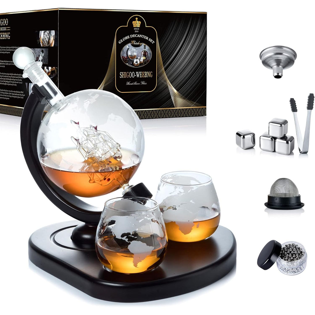 Whiskey Decanter Set,Globe Wine Decanter Set with 2 Glasses,Cleaning Beads,4 Stainless Steel Ice Cubes and Ice Tong, Beverage Drink Liquor Dispenser - Gift Set for Liquor, Scotch, Bourbon (29oz) - Just Closeouts Canada Inc.