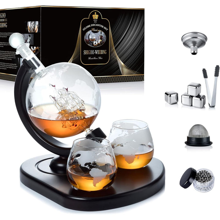 Whiskey Decanter Set,Globe Wine Decanter Set with 2 Glasses,Cleaning Beads,4 Stainless Steel Ice Cubes and Ice Tong, Beverage Drink Liquor Dispenser - Gift Set for Liquor, Scotch, Bourbon (29oz) - Just Closeouts Canada Inc.