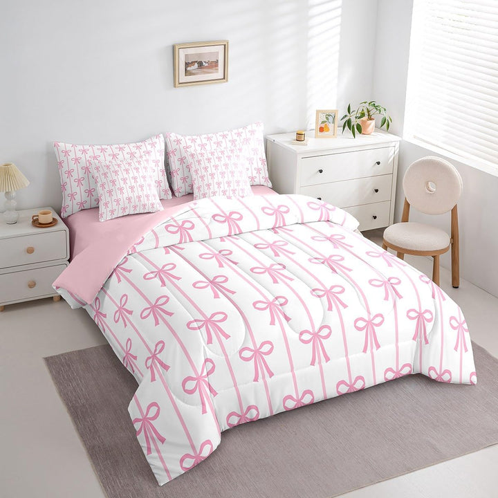 White & Deep Pink Bow Twin 7-Piece Comforter Set - Just Closeouts Canada Inc.X004LUCFZJ