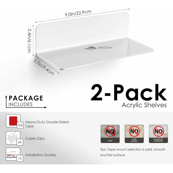 White Floating Wall Shelf Set of 2 - Easily Expand Wall Space - 9 Inch Acrylic Wall Shelves for Bedroom, Living Room, Bathroom, Office, Gaming Room with Cable Clips (White) - Just Closeouts Canada Inc.