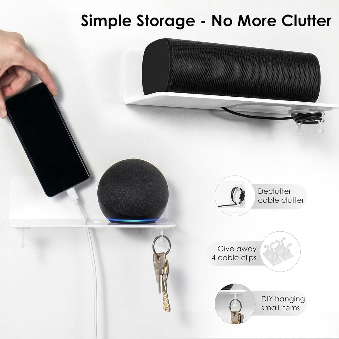 White Floating Wall Shelf Set of 2 - Easily Expand Wall Space - 9 Inch Acrylic Wall Shelves for Bedroom, Living Room, Bathroom, Office, Gaming Room with Cable Clips (White) - Just Closeouts Canada Inc.