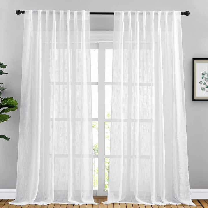 White Linen-Look Semi-Sheer Curtains, 66 x 95 in, Set of 2 - Just Closeouts Canada Inc.