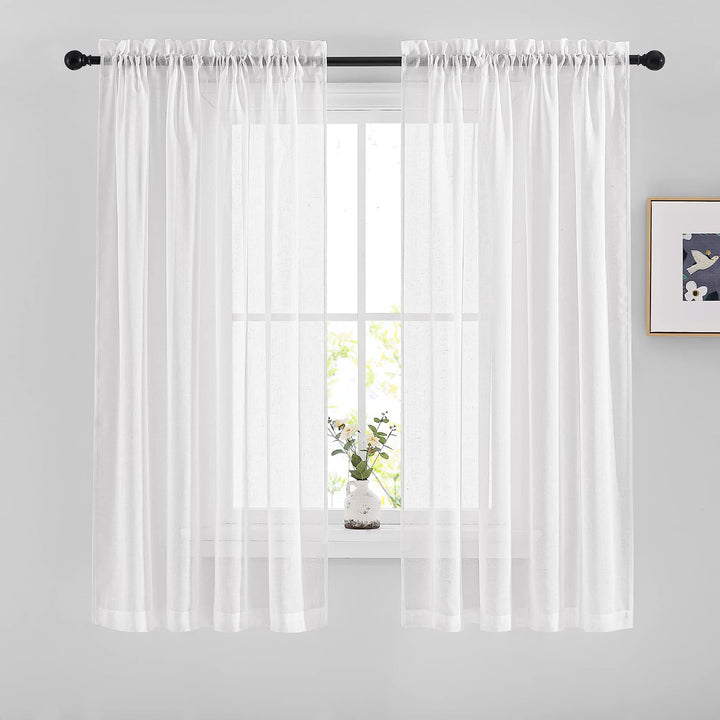 White Linen-Texture Sheer Rod-Pocket Curtains, 52 x 63 in, 2 Panels - Just Closeouts Canada Inc.