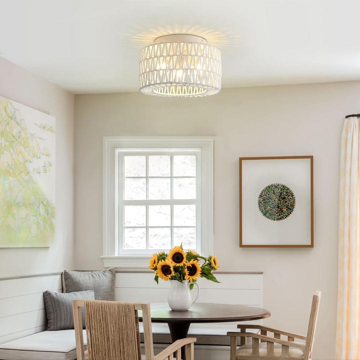 White Rattan Light Fixtures, Retro 11.8 inch 3 - Light Boho Semi Flush Ceiling Light Hand - Woven Cage Shade Lamp Lighting for Hallway Nursery Kitchen Foyer Entryway - Just Closeouts Canada Inc.X0046AUHYF