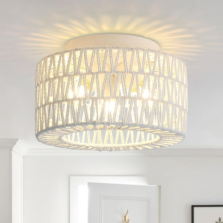 White Rattan Light Fixtures, Retro 11.8 inch 3 - Light Boho Semi Flush Ceiling Light Hand - Woven Cage Shade Lamp Lighting for Hallway Nursery Kitchen Foyer Entryway - Just Closeouts Canada Inc.X0046AUHYF