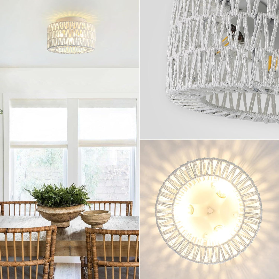 White Rattan Light Fixtures, Retro 11.8 inch 3 - Light Boho Semi Flush Ceiling Light Hand - Woven Cage Shade Lamp Lighting for Hallway Nursery Kitchen Foyer Entryway - Just Closeouts Canada Inc.X0046AUHYF