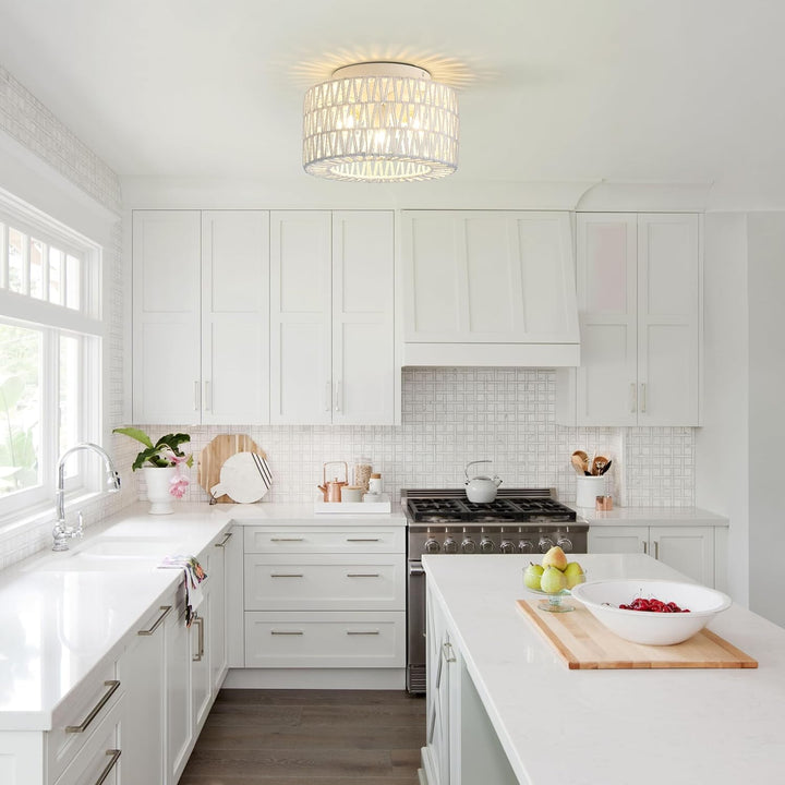 White Rattan Light Fixtures, Retro 11.8 inch 3 - Light Boho Semi Flush Ceiling Light Hand - Woven Cage Shade Lamp Lighting for Hallway Nursery Kitchen Foyer Entryway - Just Closeouts Canada Inc.X0046AUHYF