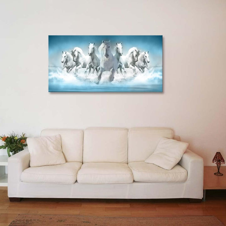 White Running Horse Print Painting on Canvas Modern Blue Wall Art Animal Picture Artwork for Living Room Bedroom Decor - Just Closeouts Canada Inc.