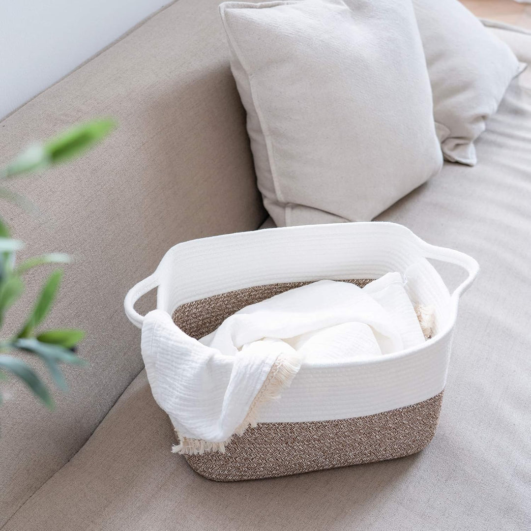 White Woven Rope Basket with Handles, Medium Rectangle Basket for Books, Toys, Towels, Square Decorative Baskets for Living Room, Nursery, Shelf Baskets for Bedroom, 13" x 10" x 9" - Just Closeouts Canada Inc.