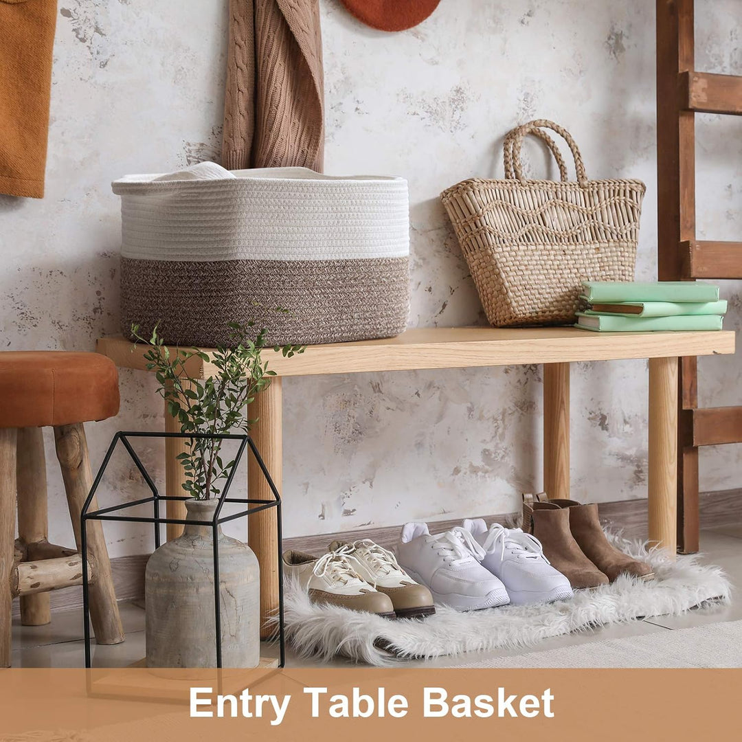 White Woven Rope Basket with Handles, Medium Rectangle Basket for Books, Toys, Towels, Square Decorative Baskets for Living Room, Nursery, Shelf Baskets for Bedroom, 13" x 10" x 9" - Just Closeouts Canada Inc.