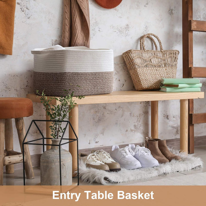 White Woven Rope Basket with Handles, Medium Rectangle Basket for Books, Toys, Towels, Square Decorative Baskets for Living Room, Nursery, Shelf Baskets for Bedroom, 13" x 10" x 9" - Just Closeouts Canada Inc.