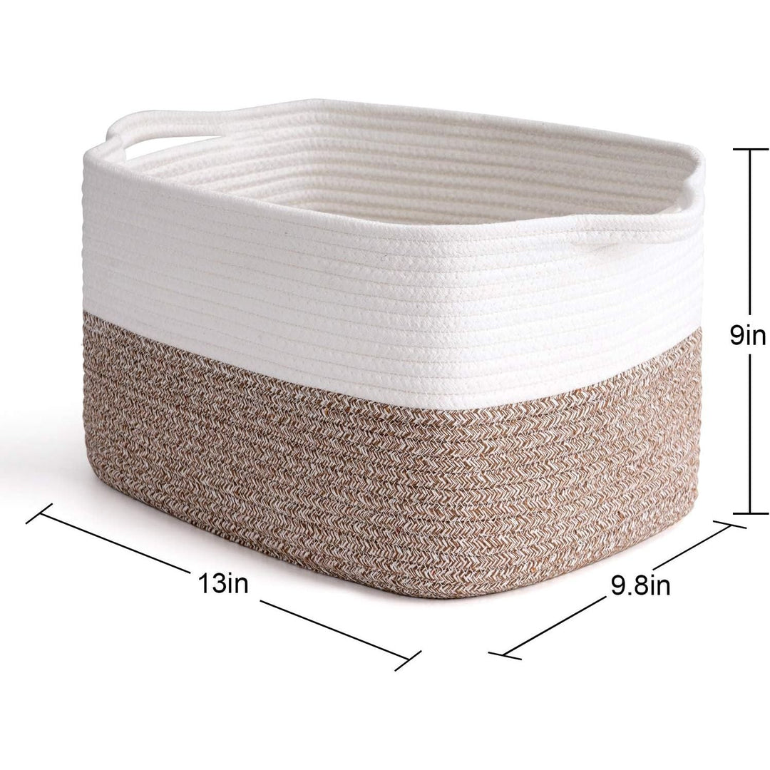 White Woven Rope Basket with Handles, Medium Rectangle Basket for Books, Toys, Towels, Square Decorative Baskets for Living Room, Nursery, Shelf Baskets for Bedroom, 13" x 10" x 9" - Just Closeouts Canada Inc.