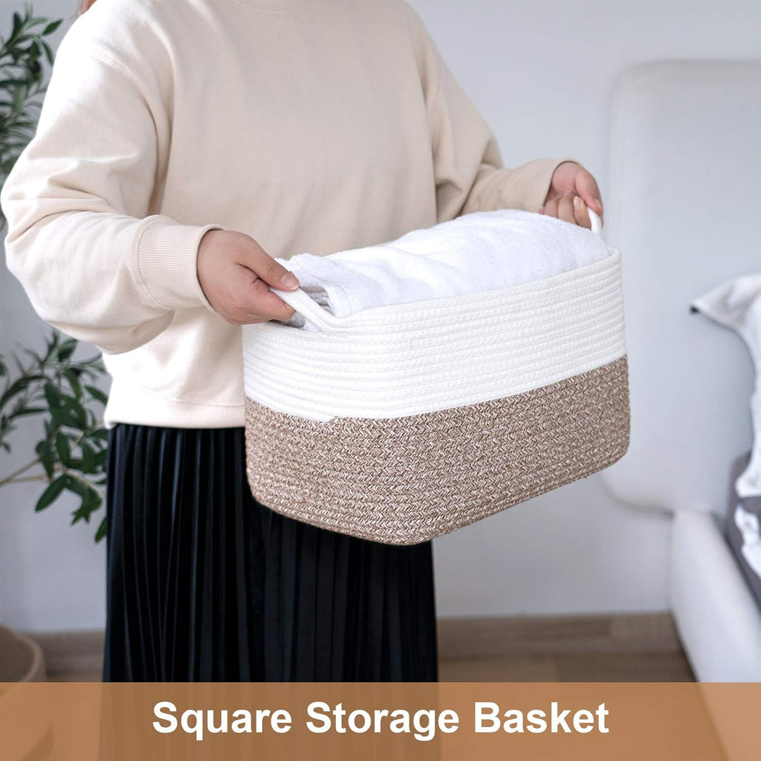 White Woven Rope Basket with Handles, Medium Rectangle Basket for Books, Toys, Towels, Square Decorative Baskets for Living Room, Nursery, Shelf Baskets for Bedroom, 13" x 10" x 9" - Just Closeouts Canada Inc.