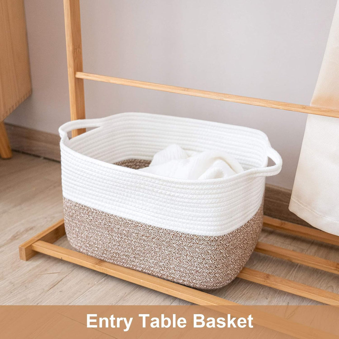 White Woven Rope Basket with Handles, Medium Rectangle Basket for Books, Toys, Towels, Square Decorative Baskets for Living Room, Nursery, Shelf Baskets for Bedroom, 13" x 10" x 9" - Just Closeouts Canada Inc.