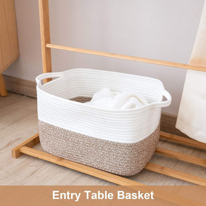 White Woven Rope Basket with Handles, Medium Rectangle Basket for Books, Toys, Towels, Square Decorative Baskets for Living Room, Nursery, Shelf Baskets for Bedroom, 13" x 10" x 9" - Just Closeouts Canada Inc.