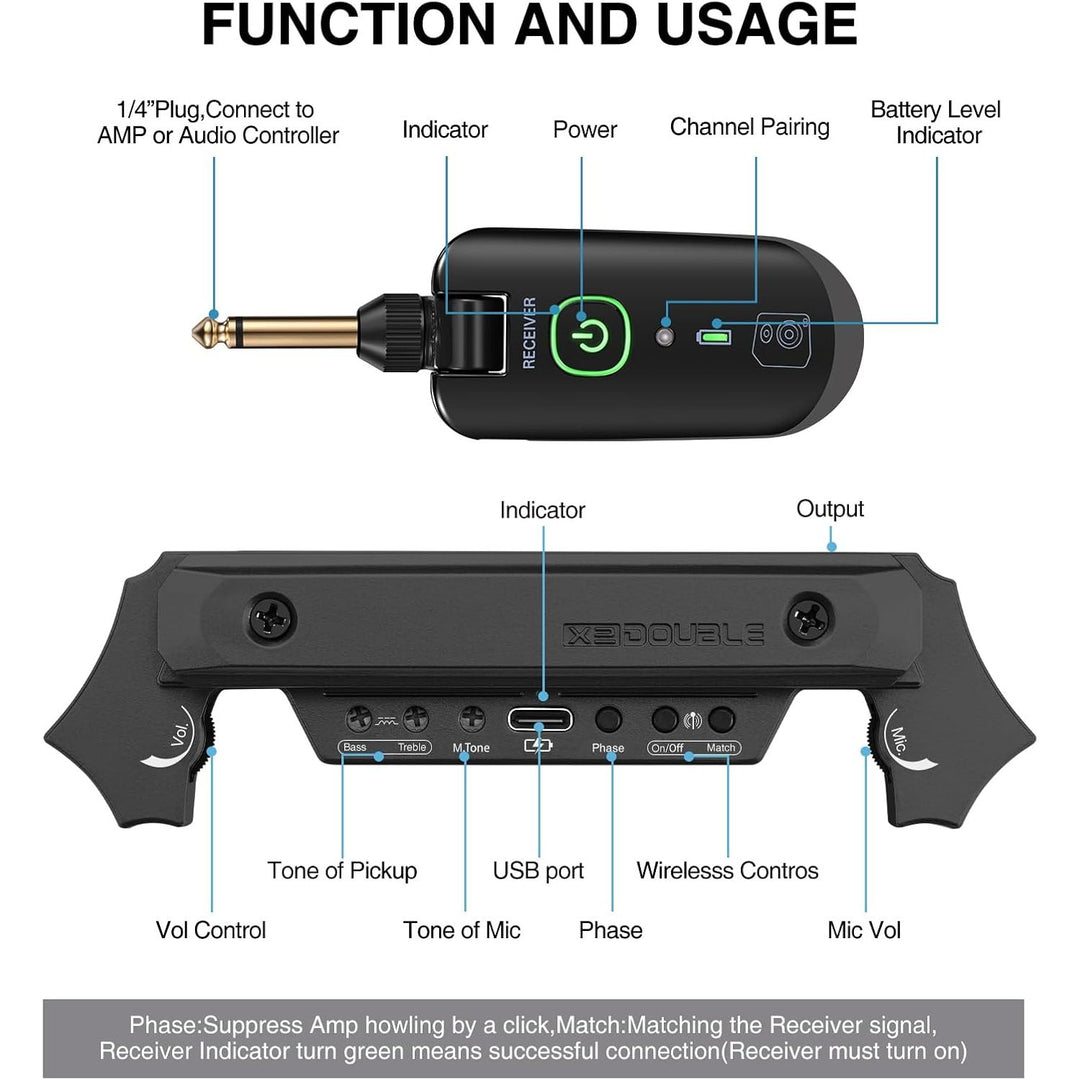 Wireless Acoustic Guitar Pickup Rechargeable Magnetic And Microphone Soundhole Pickup For Acoustic Guitar Build - In Volume Control(Black) - Just Closeouts Canada Inc.