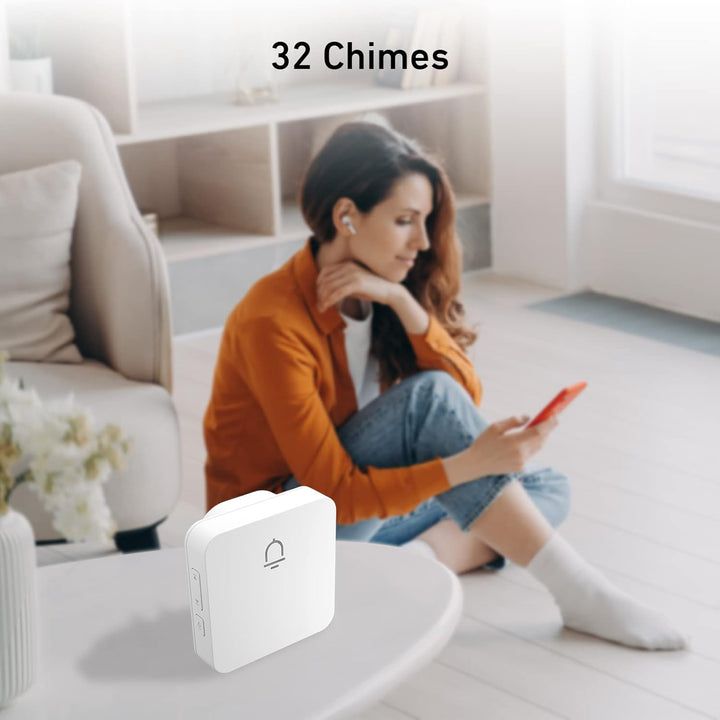Wireless Doorbell, Waterproof Door Bell Chime Kit with 1000FT Ultra - Long Range, 32 Chimes, 5 Volume Levels, 2 Plug - in Receivers and 1 Push Button for Home, Office - White - Just Closeouts Canada Inc.