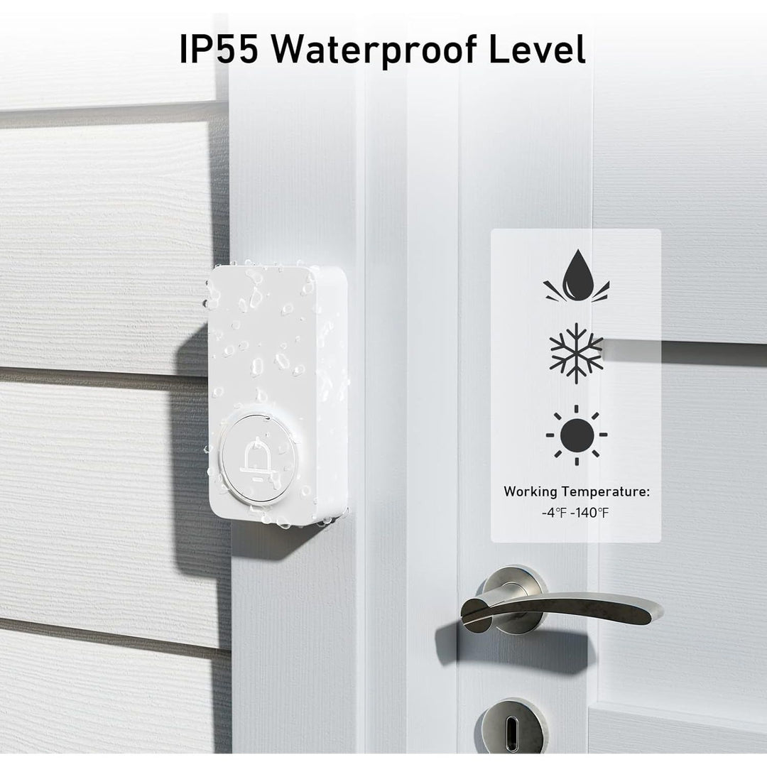 Wireless Doorbell, Waterproof Door Bell Chime Kit with 1000FT Ultra - Long Range, 32 Chimes, 5 Volume Levels, 2 Plug - in Receivers and 1 Push Button for Home, Office - White - Just Closeouts Canada Inc.