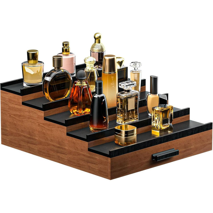 Wooden Cologne Organizer for Men, 5 Tier of Elevated Cologne Display Shelf with Drawer Storage, Perfume Organization and Storage Display Risers,Great Gift for Man (Walnut Black) - Just Closeouts Canada Inc.