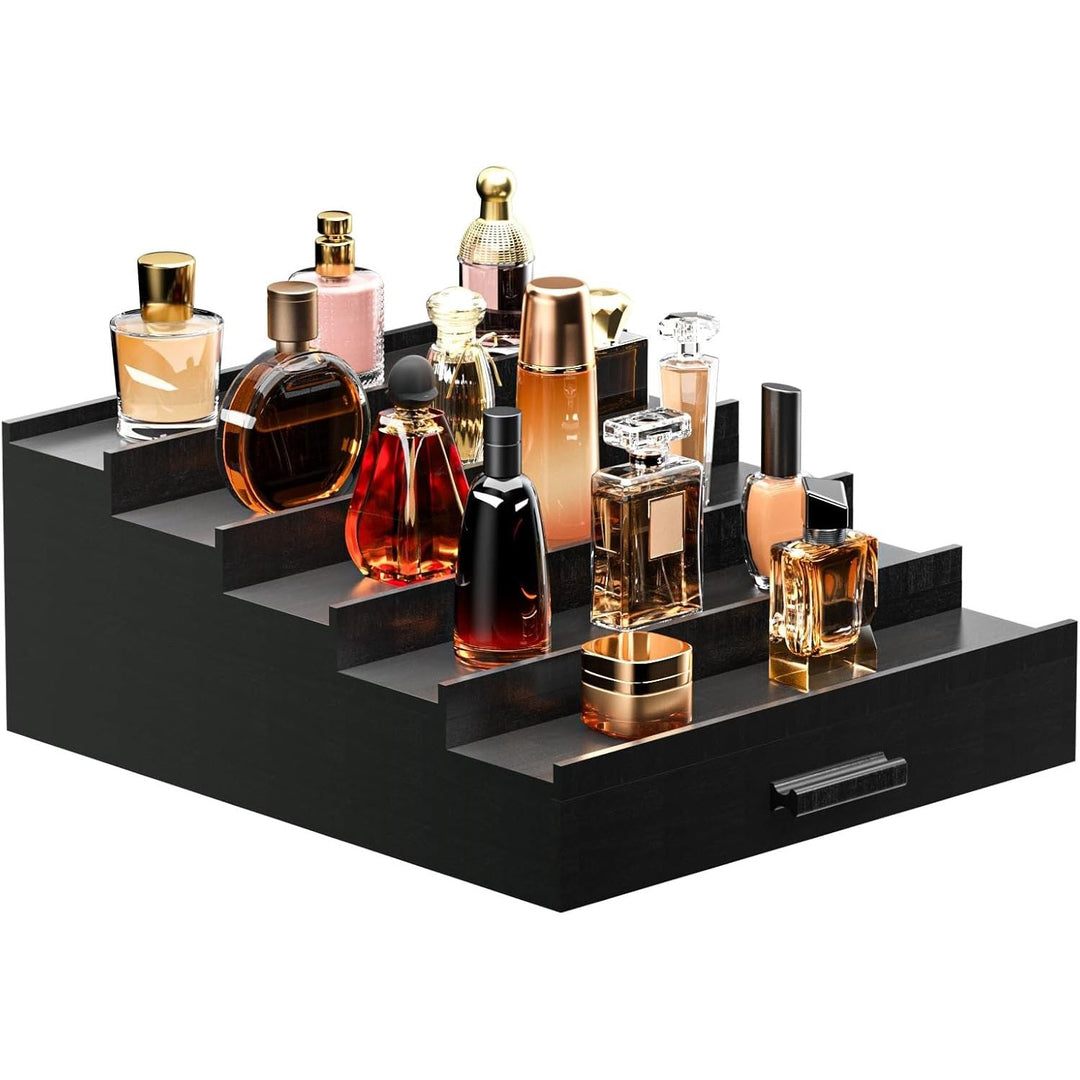 Wooden Cologne Organizer for Men, 5 Tier of Elevated Cologne Display Shelf with Drawer Storage, Perfume Organization and Storage Display Risers,Great Gift for Man (Black) - Just Closeouts Canada Inc.