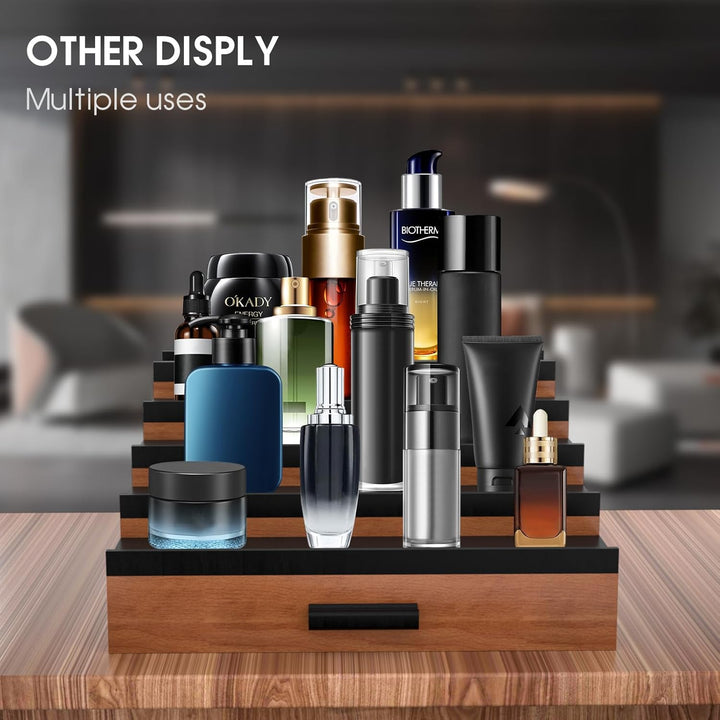 Wooden Cologne Organizer for Men, 5 Tier of Elevated Cologne Display Shelf with Drawer Storage, Perfume Organization and Storage Display Risers,Great Gift for Man (Walnut Black) - Just Closeouts Canada Inc.