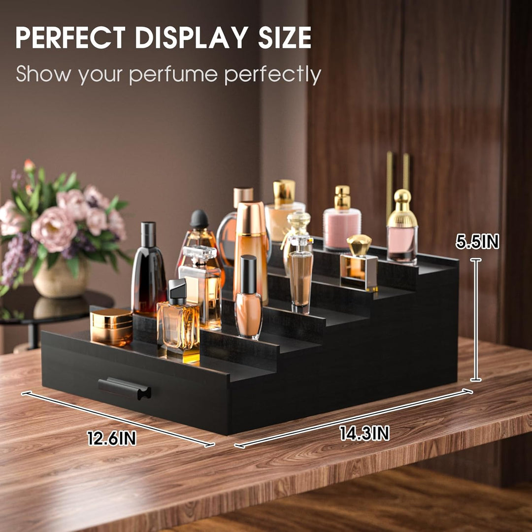 Wooden Cologne Organizer for Men, 5 Tier of Elevated Cologne Display Shelf with Drawer Storage, Perfume Organization and Storage Display Risers,Great Gift for Man (Black) - Just Closeouts Canada Inc.