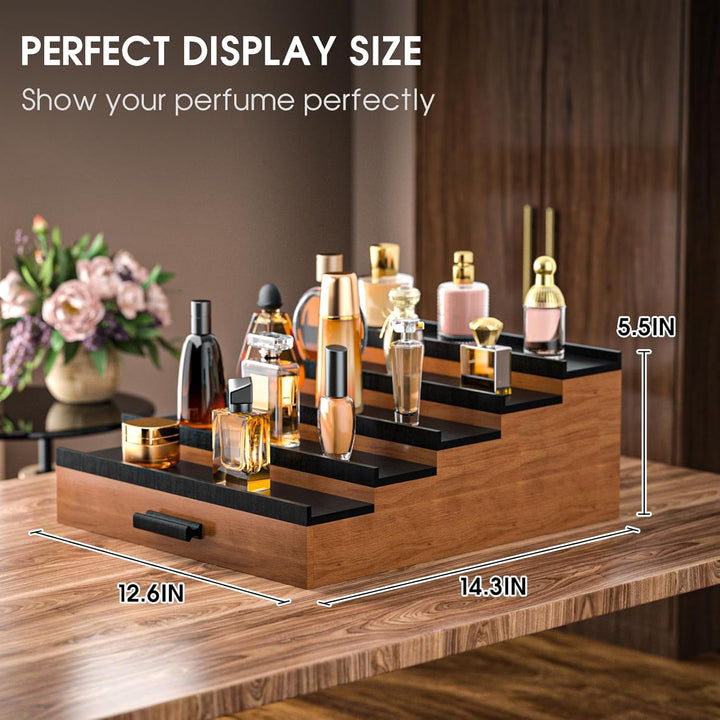 Wooden Cologne Organizer for Men, 5 Tier of Elevated Cologne Display Shelf with Drawer Storage, Perfume Organization and Storage Display Risers,Great Gift for Man (Walnut Black) - Just Closeouts Canada Inc.