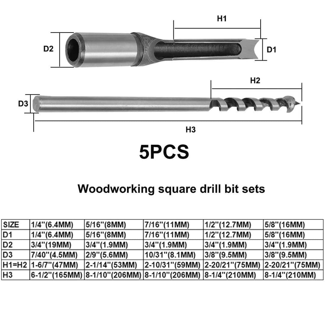 Woodworking Square Hole Mortise Drill Bit, 5pcs HSS Mortising Chisel Bits Mortiser Press Attachments Tool Square Drill Bits Countersink Bits for MDF, Particleboard Sizes 1/4, 5/16, 7/16, 1/2, 5/8IN - Just Closeouts Canada Inc.