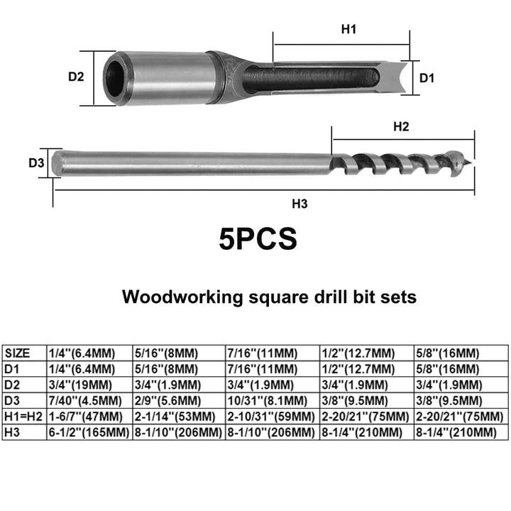 Woodworking Square Hole Mortise Drill Bit, 5pcs HSS Mortising Chisel Bits Mortiser Press Attachments Tool Square Drill Bits Countersink Bits for MDF, Particleboard Sizes 1/4, 5/16, 7/16, 1/2, 5/8IN - Just Closeouts Canada Inc.