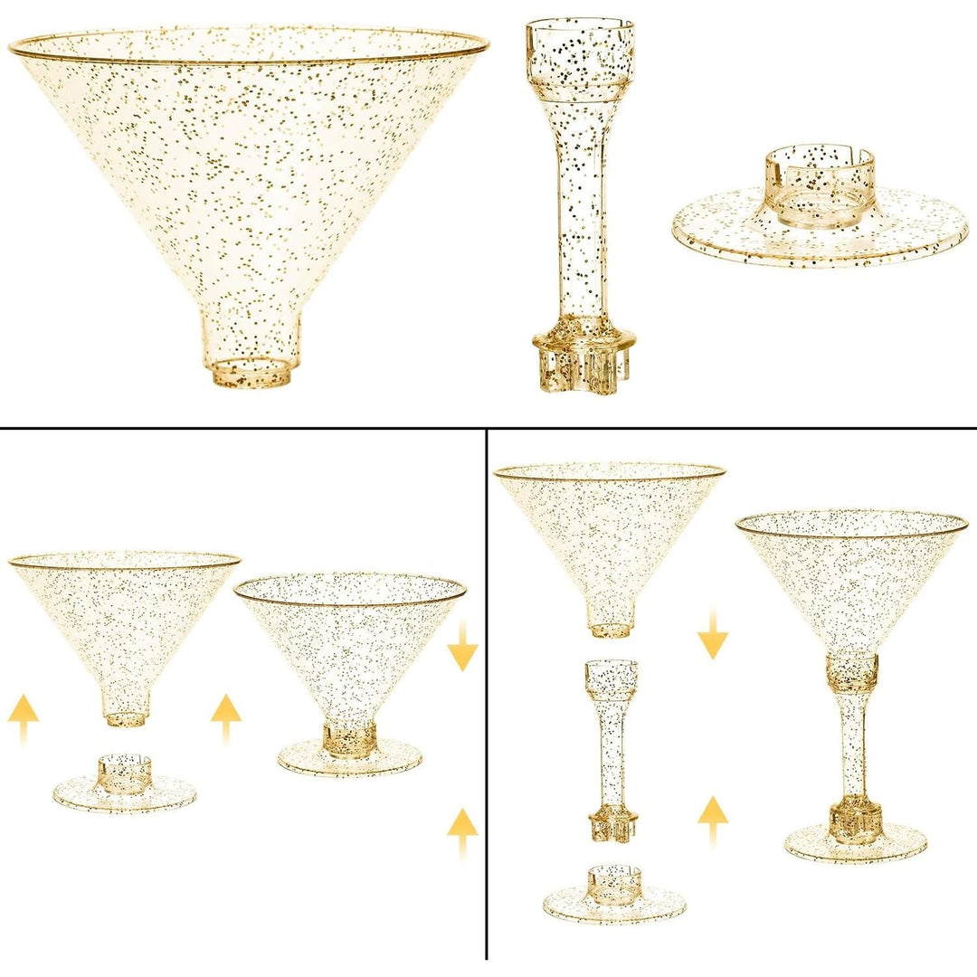 WUWEOT 60 Pack Plastic Martini Glasses, 5 Oz Gold Glitter Disposable Cocktail Glasses, Tall Appetizer Dessert Cups, Unbreakable Wine Shooter Glasses for Margarita Wine Champagne Ice Cream - Just Closeouts Canada Inc.