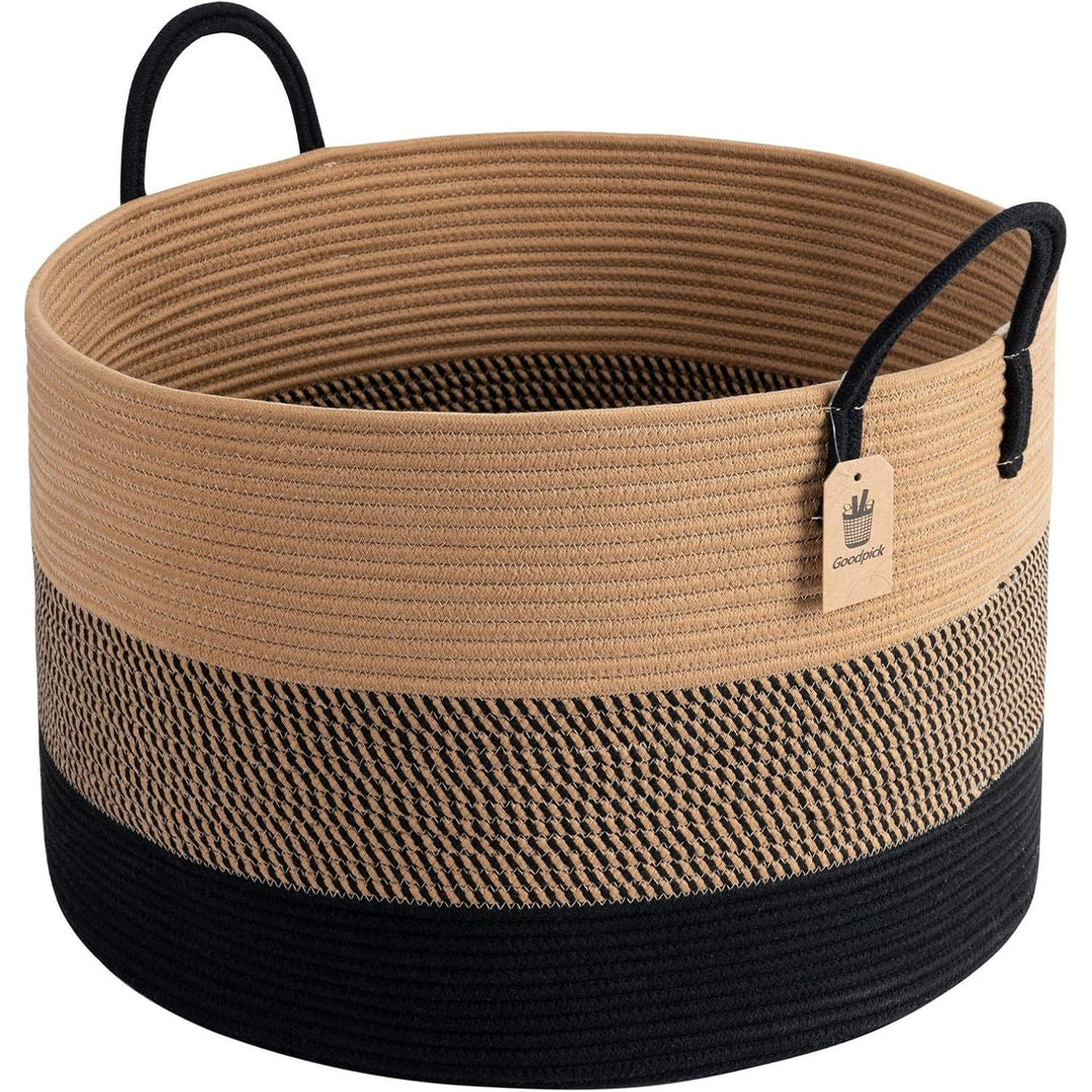XXXLarge Cotton Rope Basket, 21" x 14", Woven Blanket Storage Basket for Living Room Laundry Basket for Pillows Toys Clothes Hamper Wicker Basket with Handles, Black Jute Stripes - Just Closeouts Canada Inc.
