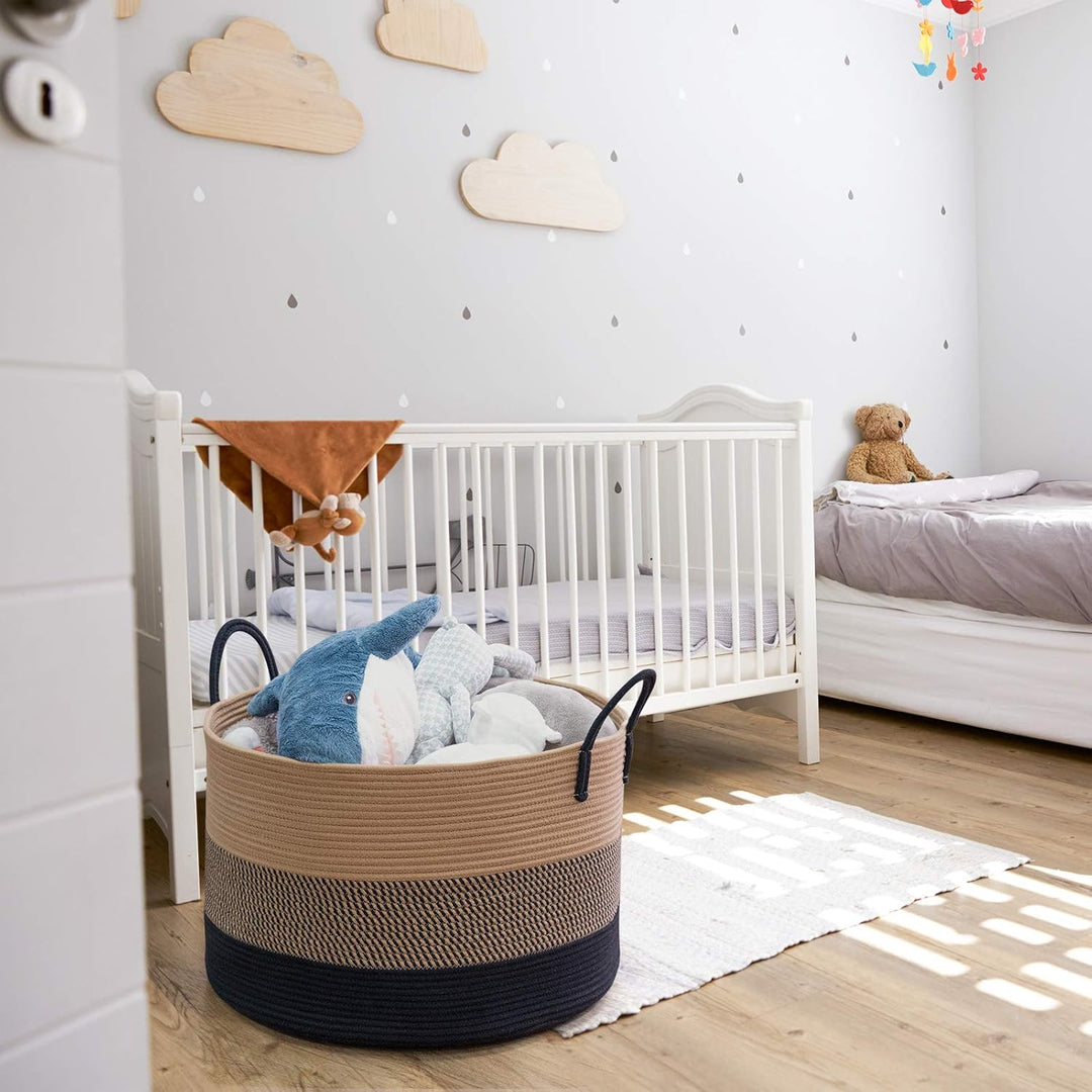 XXXLarge Cotton Rope Basket, 21" x 14", Woven Blanket Storage Basket for Living Room Laundry Basket for Pillows Toys Clothes Hamper Wicker Basket with Handles, Black Jute Stripes - Just Closeouts Canada Inc.