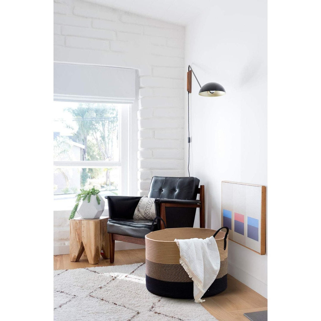 XXXLarge Cotton Rope Basket, 21" x 14", Woven Blanket Storage Basket for Living Room Laundry Basket for Pillows Toys Clothes Hamper Wicker Basket with Handles, Black Jute Stripes - Just Closeouts Canada Inc.