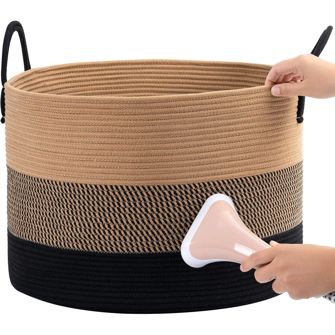 XXXLarge Cotton Rope Basket, 21" x 14", Woven Blanket Storage Basket for Living Room Laundry Basket for Pillows Toys Clothes Hamper Wicker Basket with Handles, Black Jute Stripes - Just Closeouts Canada Inc.