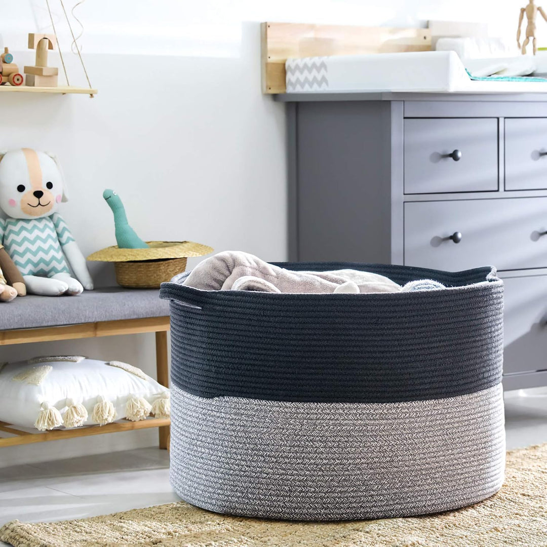 XXXLarge Cotton Rope Basket 21.7" x 21.7" x 13.8" Blanket Basket Woven Wicker Basket Baby Laundry Basket for Toys Storage Basket with Handle Comforter Storage Bins Thread Laundry Hamper (Dark Grey Black) - Just Closeouts Canada Inc.