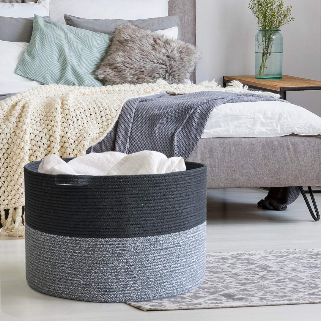XXXLarge Cotton Rope Basket 21.7" x 21.7" x 13.8" Blanket Basket Woven Wicker Basket Baby Laundry Basket for Toys Storage Basket with Handle Comforter Storage Bins Thread Laundry Hamper (Dark Grey Black) - Just Closeouts Canada Inc.