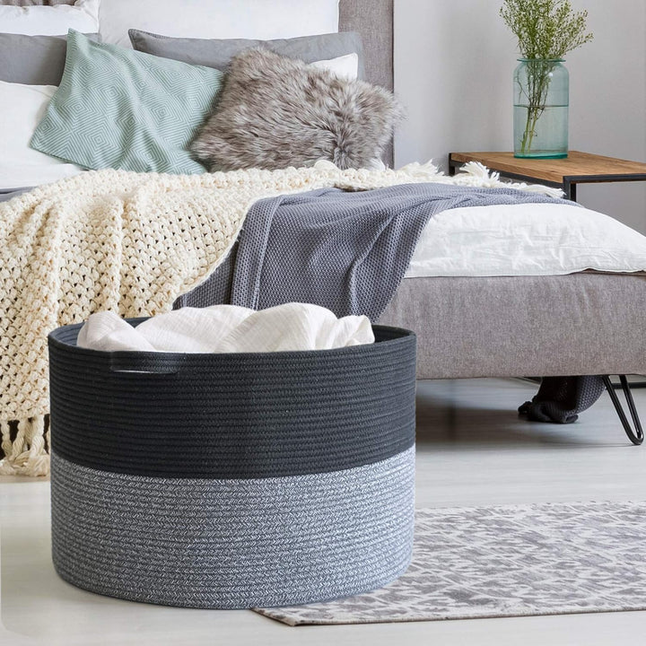 XXXLarge Cotton Rope Basket 21.7" x 21.7" x 13.8" Blanket Basket Woven Wicker Basket Baby Laundry Basket for Toys Storage Basket with Handle Comforter Storage Bins Thread Laundry Hamper (Dark Grey Black) - Just Closeouts Canada Inc.