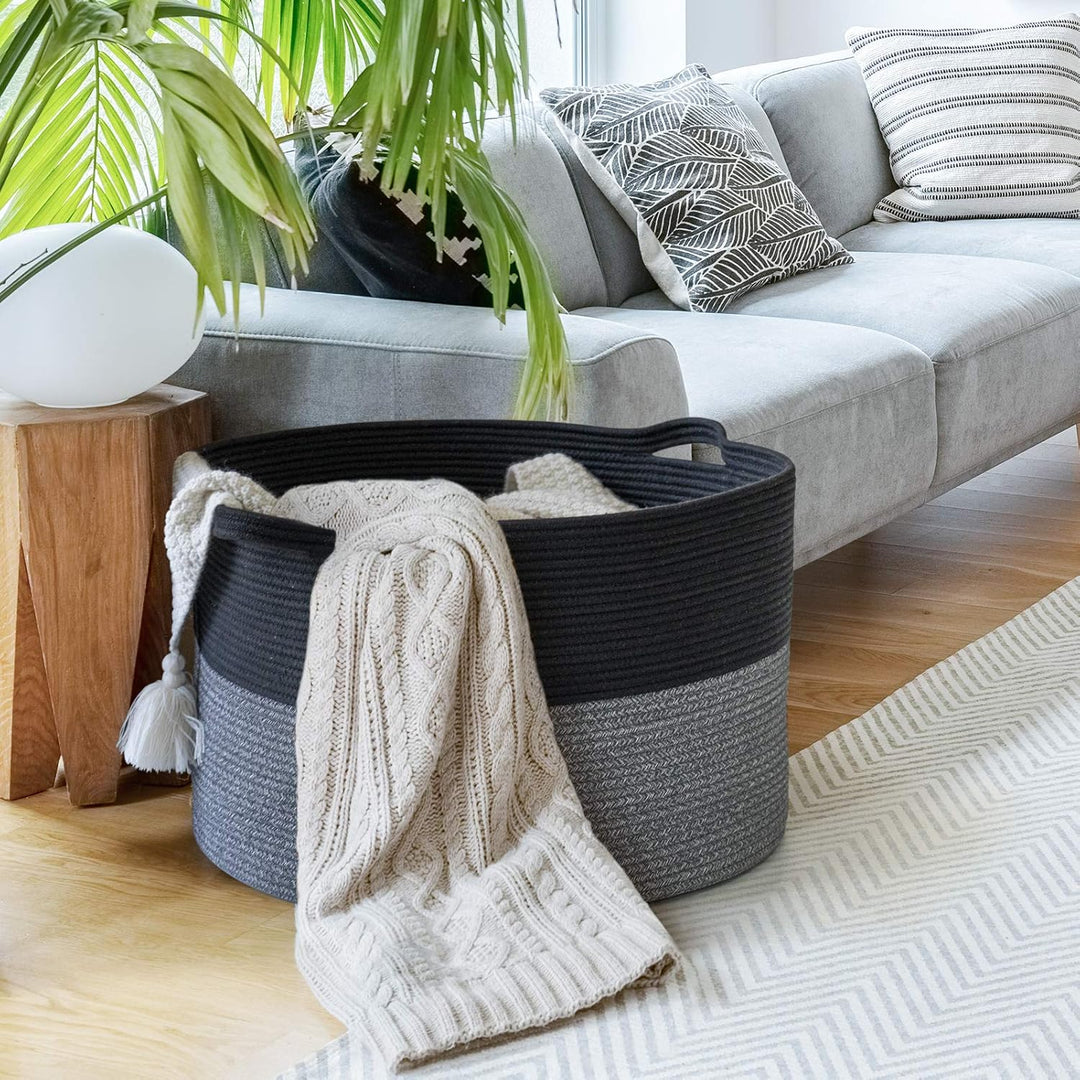 XXXLarge Cotton Rope Basket 21.7" x 21.7" x 13.8" Blanket Basket Woven Wicker Basket Baby Laundry Basket for Toys Storage Basket with Handle Comforter Storage Bins Thread Laundry Hamper (Dark Grey Black) - Just Closeouts Canada Inc.