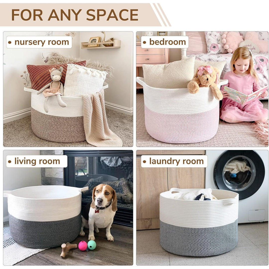 XXXLarge Cotton Rope Basket 21.7" x 21.7" x 13.8" Woven Baby Laundry Basket for Blankets Toys Storage Basket with Handle Comforter Cushions Storage Bins Thread Laundry Hamper, Brown - Just Closeouts Canada Inc.