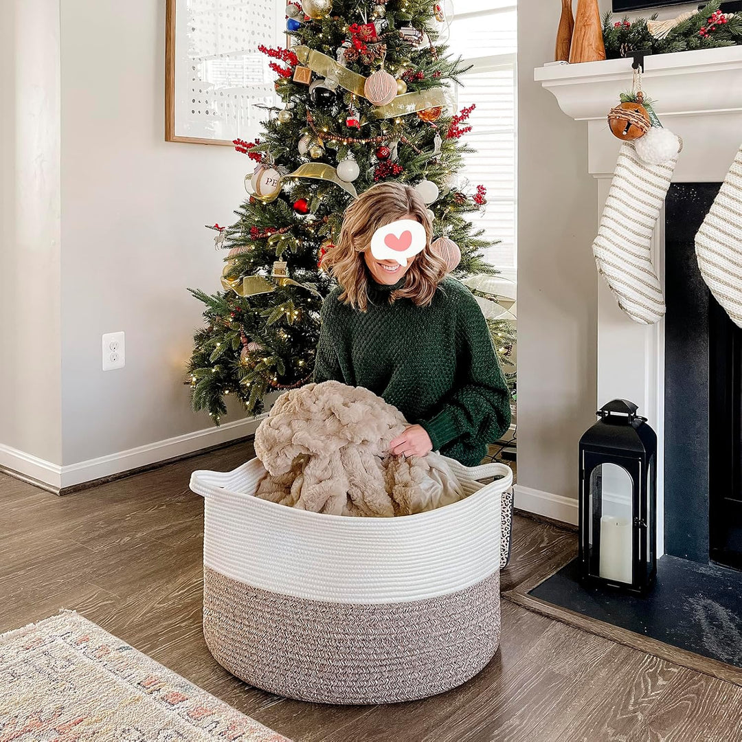 XXXLarge Cotton Rope Basket 21.7" x 21.7" x 13.8" Woven Baby Laundry Basket for Blankets Toys Storage Basket with Handle Comforter Cushions Storage Bins Thread Laundry Hamper, Brown - Just Closeouts Canada Inc.