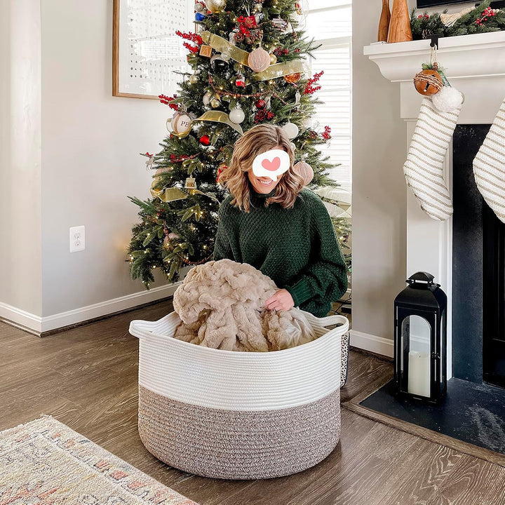 XXXLarge Cotton Rope Basket 21.7" x 21.7" x 13.8" Woven Baby Laundry Basket for Blankets Toys Storage Basket with Handle Comforter Cushions Storage Bins Thread Laundry Hamper, Brown - Just Closeouts Canada Inc.