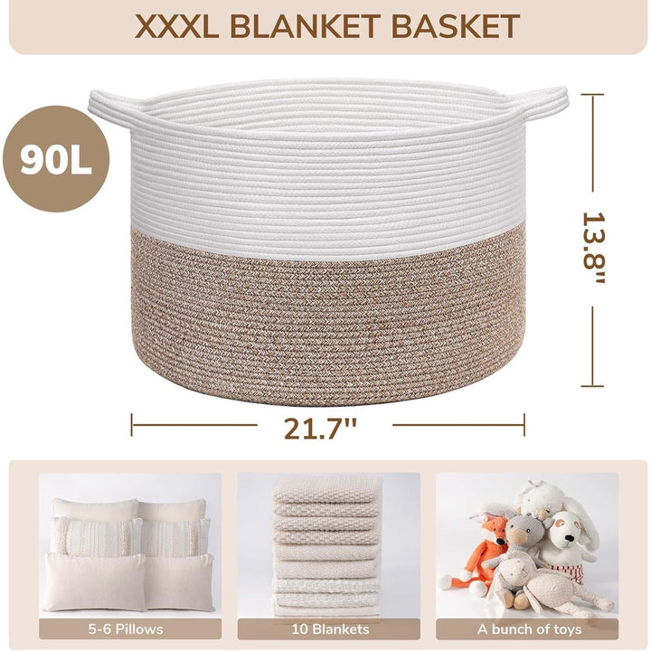 XXXLarge Cotton Rope Basket 21.7" x 21.7" x 13.8" Woven Baby Laundry Basket for Blankets Toys Storage Basket with Handle Comforter Cushions Storage Bins Thread Laundry Hamper, Brown - Just Closeouts Canada Inc.