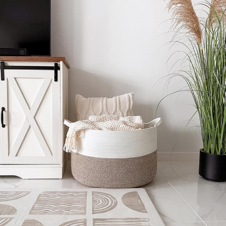 XXXLarge Cotton Rope Basket 21.7" x 21.7" x 13.8" Woven Baby Laundry Basket for Blankets Toys Storage Basket with Handle Comforter Cushions Storage Bins Thread Laundry Hamper, Brown - Just Closeouts Canada Inc.