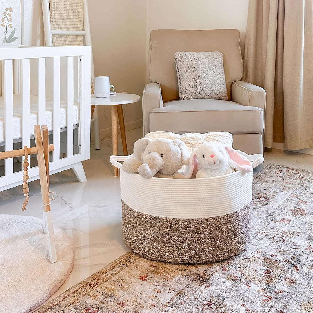 XXXLarge Cotton Rope Basket 21.7" x 21.7" x 13.8" Woven Baby Laundry Basket for Blankets Toys Storage Basket with Handle Comforter Cushions Storage Bins Thread Laundry Hamper, Brown - Just Closeouts Canada Inc.