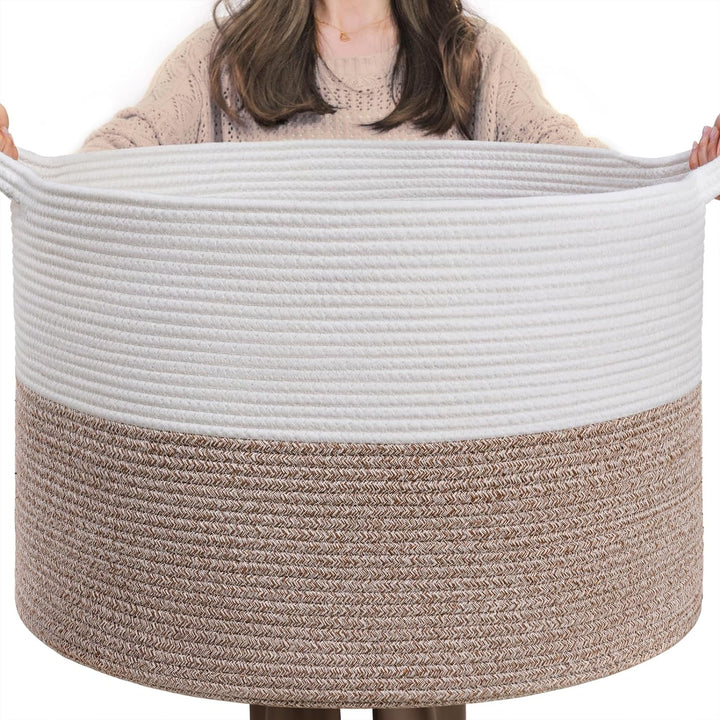 XXXLarge Cotton Rope Basket 21.7" x 21.7" x 13.8" Woven Baby Laundry Basket for Blankets Toys Storage Basket with Handle Comforter Cushions Storage Bins Thread Laundry Hamper, Brown - Just Closeouts Canada Inc.