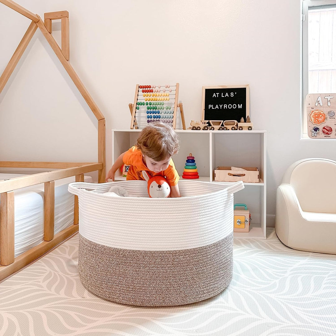 XXXLarge Cotton Rope Basket 21.7" x 21.7" x 13.8" Woven Baby Laundry Basket for Blankets Toys Storage Basket with Handle Comforter Cushions Storage Bins Thread Laundry Hamper, Brown - Just Closeouts Canada Inc.