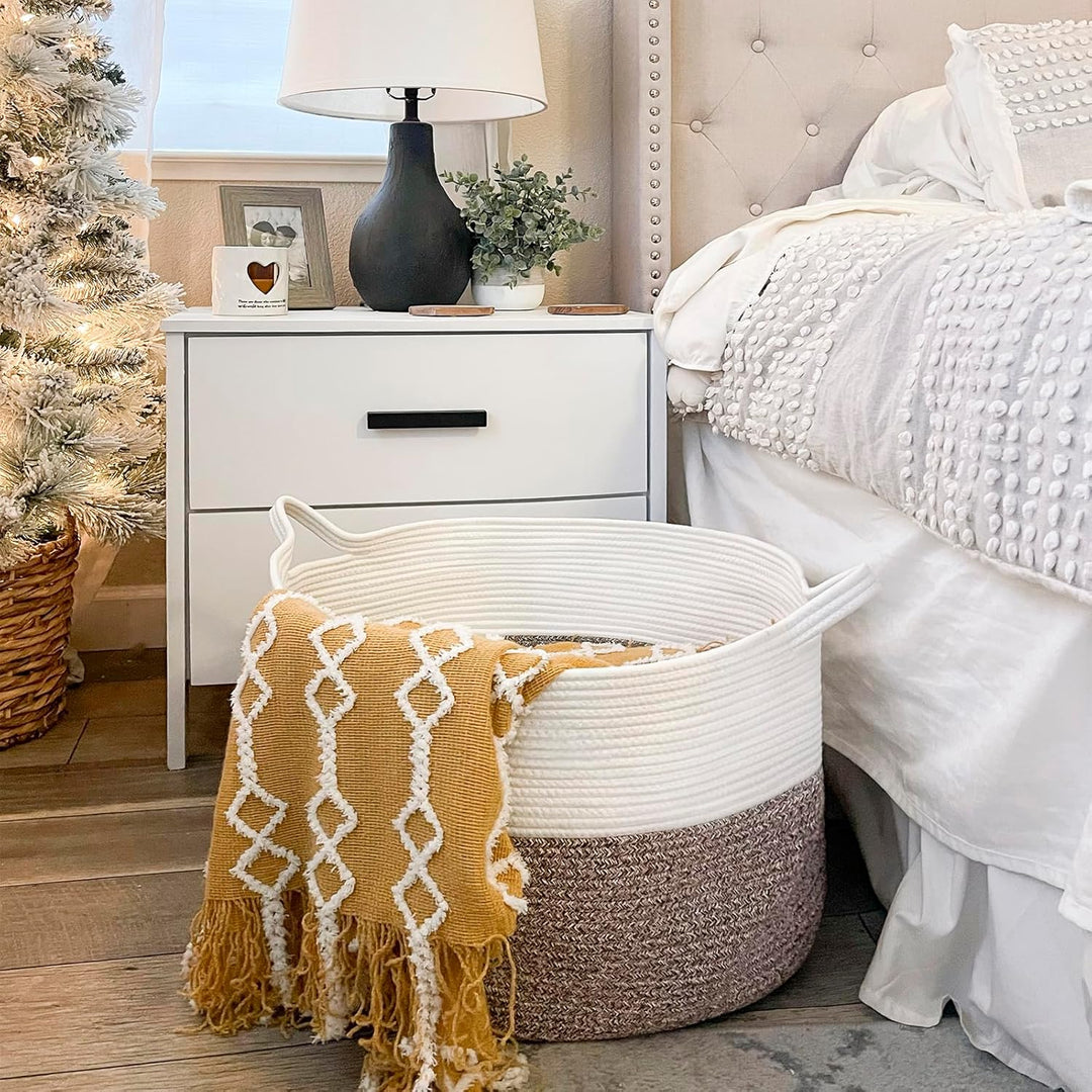 XXXLarge Cotton Rope Basket 21.7" x 21.7" x 13.8" Woven Baby Laundry Basket for Blankets Toys Storage Basket with Handle Comforter Cushions Storage Bins Thread Laundry Hamper, Brown - Just Closeouts Canada Inc.
