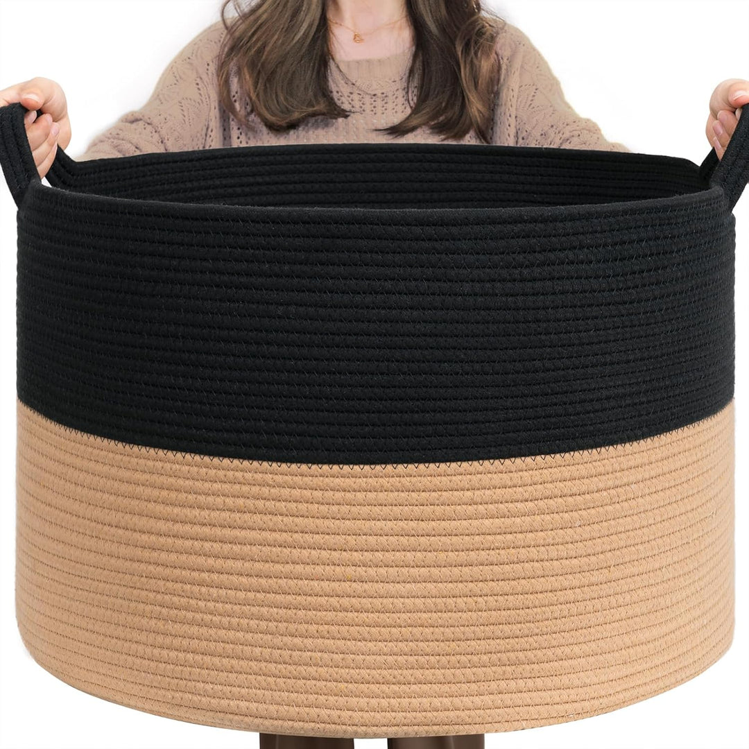 XXXLarge Cotton Rope Basket, 21.7" x 21.7" x 13.8", Woven Wicker Basket, Baby Laundry Hamper for Blankets, Toys Storage Basket with Handle, Camel Black - Just Closeouts Canada Inc.