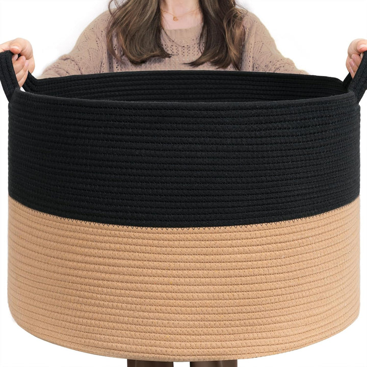 XXXLarge Cotton Rope Basket, 21.7" x 21.7" x 13.8", Woven Wicker Basket, Baby Laundry Hamper for Blankets, Toys Storage Basket with Handle, Camel Black - Just Closeouts Canada Inc.